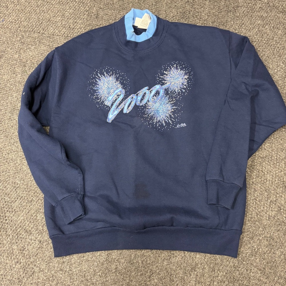 Vintage Morning Sun 2000 Fireworks Sweatshirt Navy Blue Mock Neck Large Y2K - Picture 1 of 5